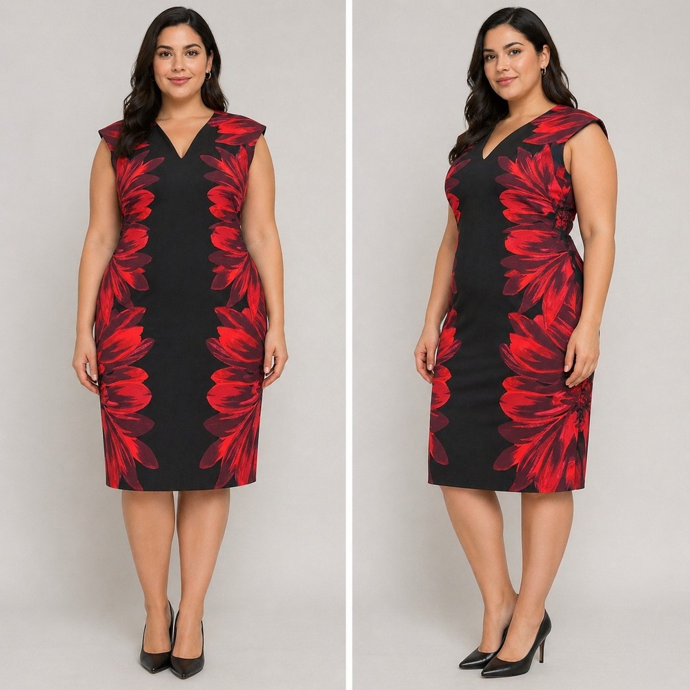 New York & Company Womens Midi Dress XL Black Red Floral Cocktail Elegant Chic